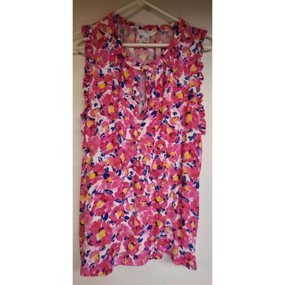 Time and Tru Women's floral sleeveless top large pink yellow blue front slit